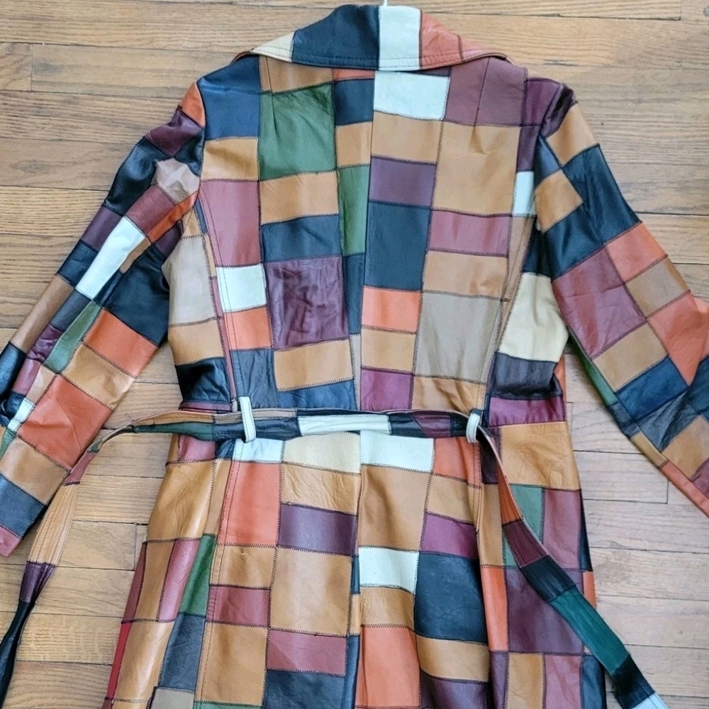 70s Patchwork Leather Mid Length Trench Wrap Jack… - image 8